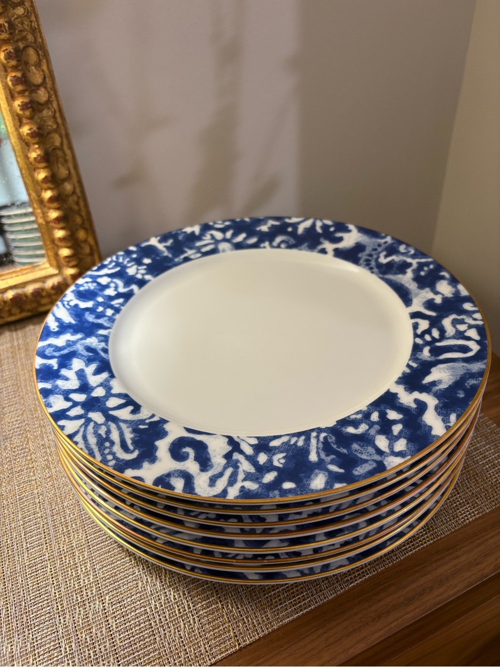 Ralph Lauren Round Hill Dinner Plates Set of 8 Blue/White Floral Gold Rim RARE